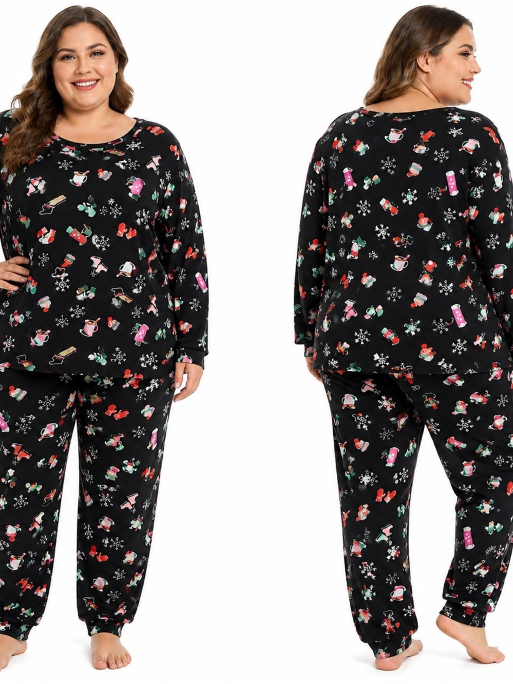 Plus Size Black Holiday Print Pajama Set - 0997